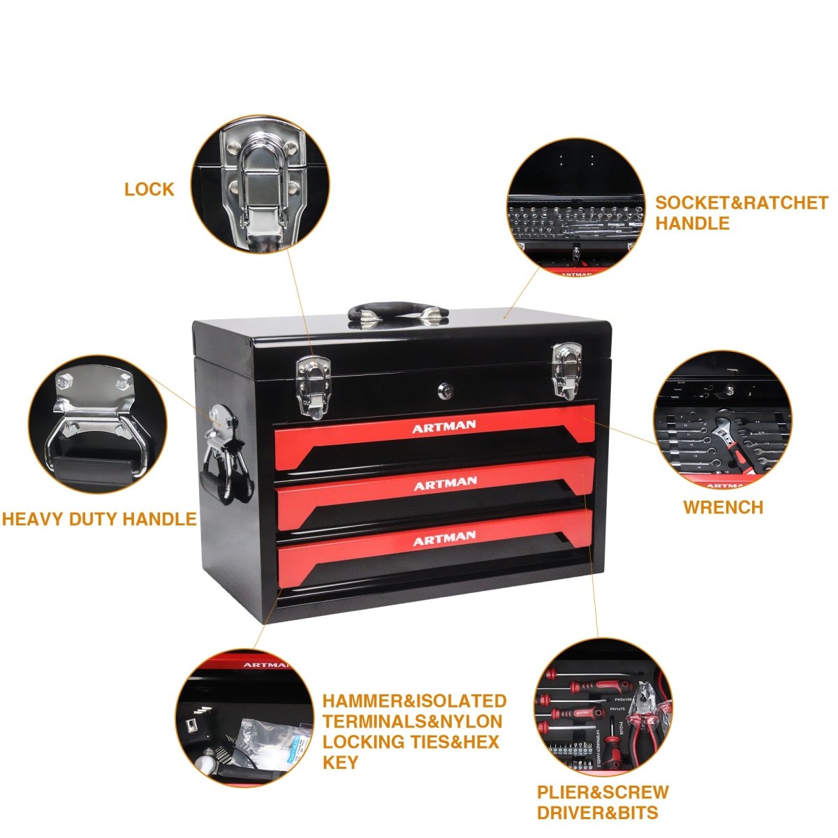 20'' Portable 3 - Drawer Steel Toolbox, 4 Layers of Tools with Metal Latches, with Top Storage Tray and carrying Handle, Multi - Function Tool Storage for Garage, Home, or Workbench ,Black&Red - HomeDIYer
