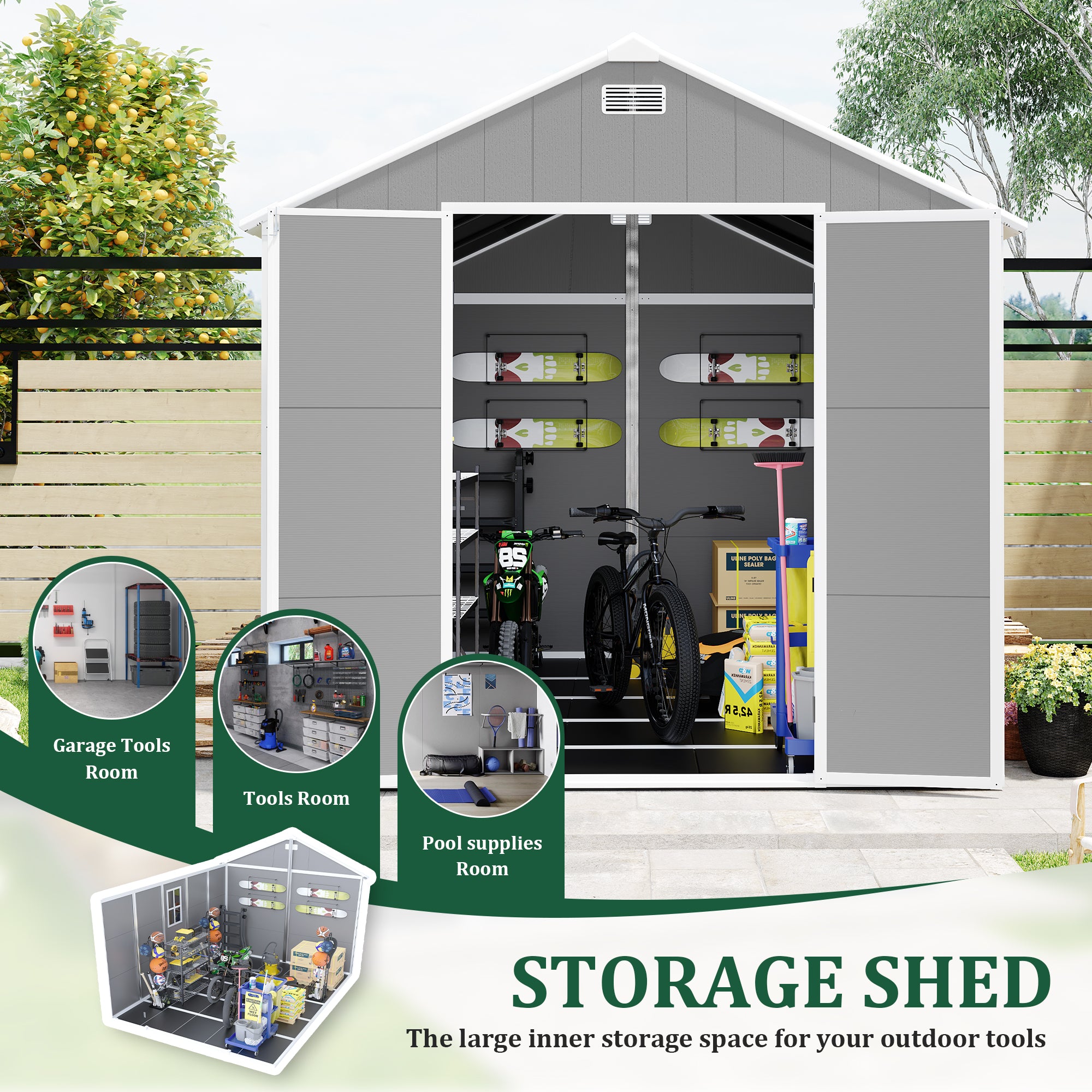 8*10 ft Resin Storage Shed, High Quality Pp Material, Strong Structure, Waterproof, Rust And Uv Proof, Large Storage Space, 12mm Thick Pp Board, Hd Window Lighting