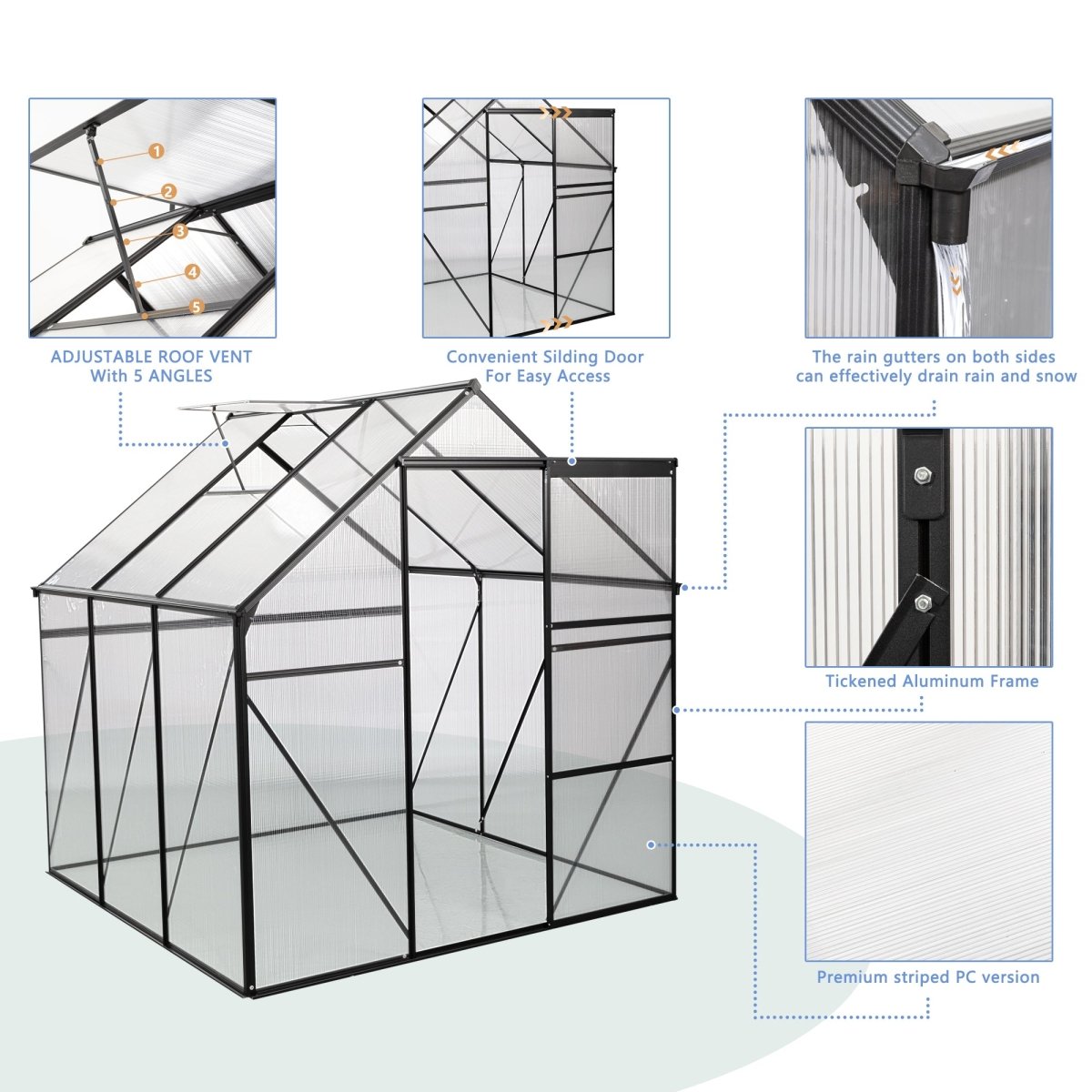 6X6FT - BLACK Polycarbonate Greenhouse Raised Base and Anchor Aluminum Heavy Duty Walk - in Greenhouses for Outdoor Backyard in All Season - HomeDIYer