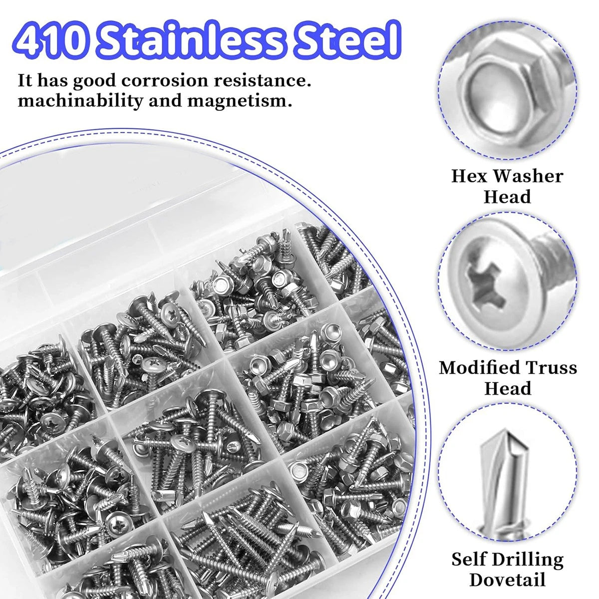 420‑Piece #8 #10 Self‑Drilling Tek Screws – 410 Stainless Steel, Hex‑Washer &amp; Wafer Head