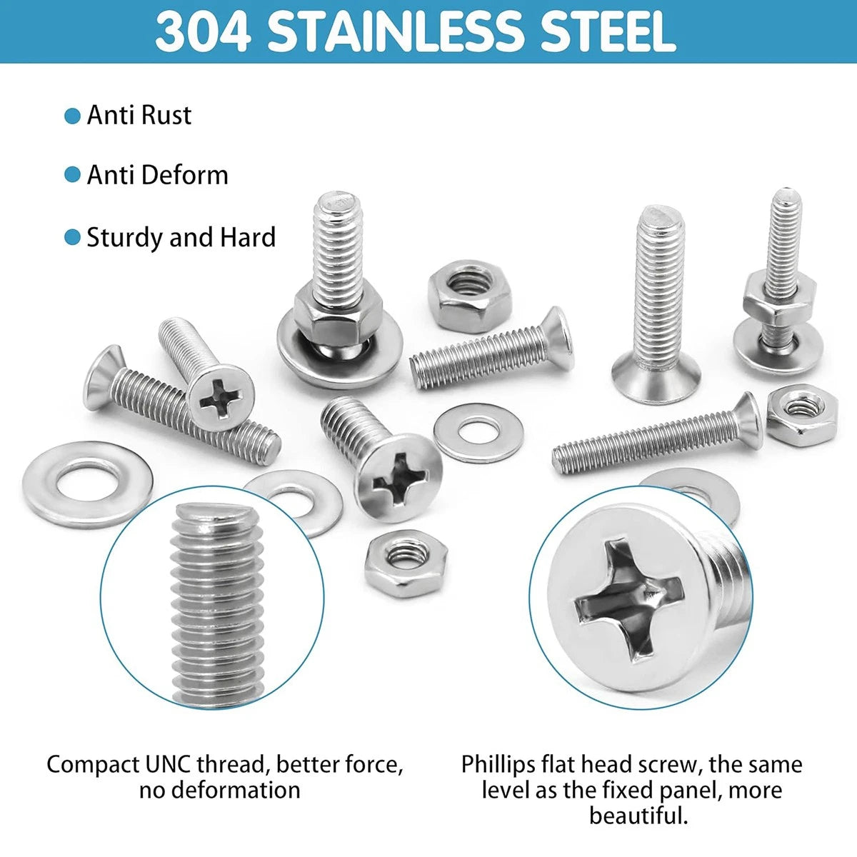 720Pcs Stainless Steel Phillips Flat Head Machine Screws Nuts Washers Assortment Kit – #6-32 #8-32 #10-24 1/4-20 SAE