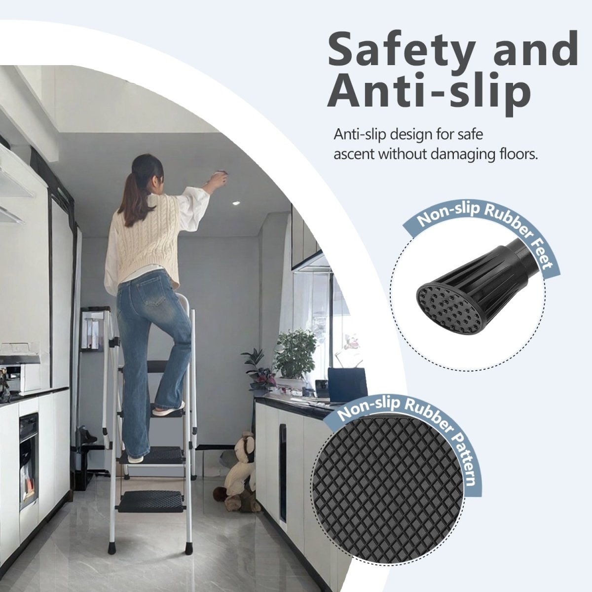 White four - step ladder, light folding four - step stool, wide anti - skid pedal and safety handle, strong steel ladder, multi - purpose ladder, applicable to family, kitchen, office elevator - HomeDIYer