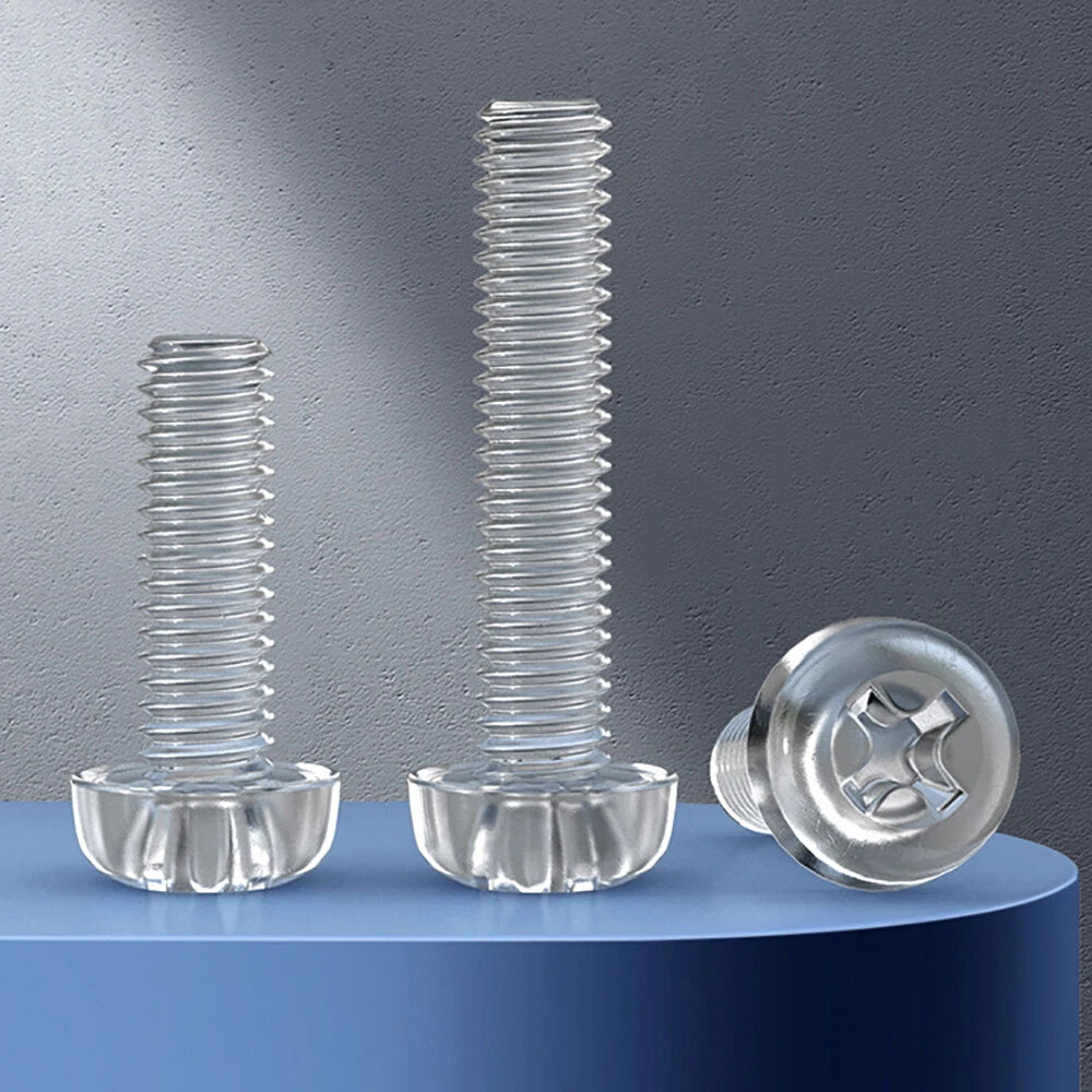 Transparent Nylon Phillips Round Head Machine Screws – M3 M4 M5 M6, PA66 Plastic, Fully Threaded