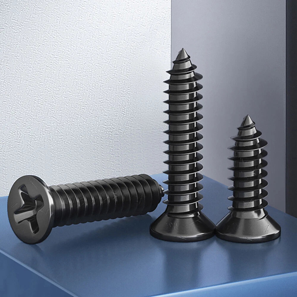 M1 M1.2 M1.4 M1.7 M2 M2.3 M2.6 M3 Flat Countersunk Self‑Tapping Screws – Black Zinc Carbon Steel