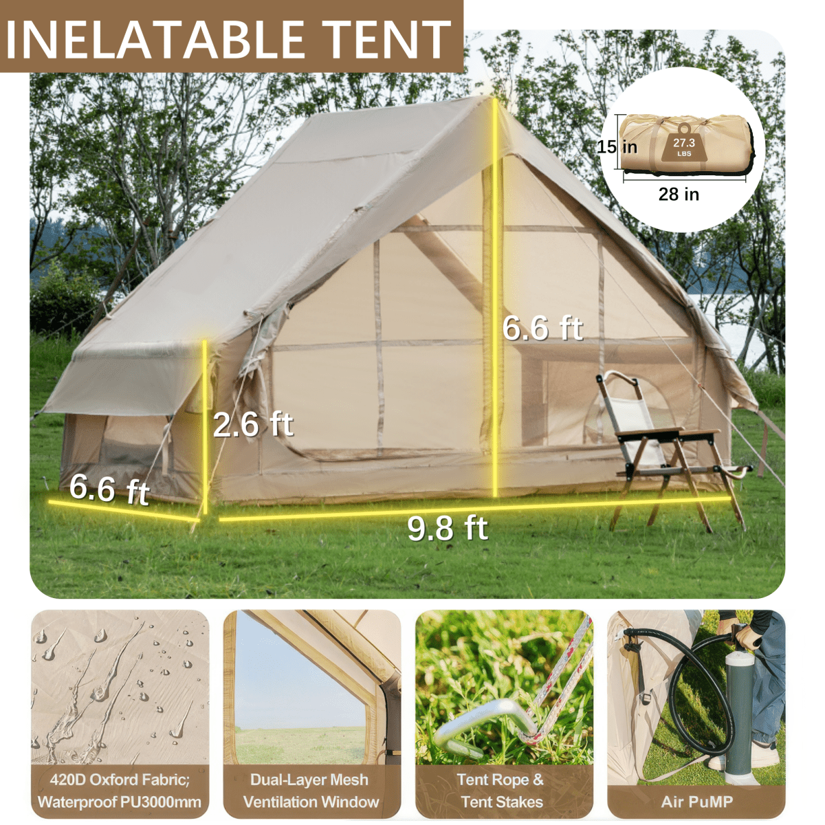 Inflatable Tent With Pump,Glamping Tents For 4 - 6 Person, Easy Setup 4 Season Waterproof Outdoor Tent,Waterproof Luxury Glamping Tent with 12 Mesh Window - HomeDIYer