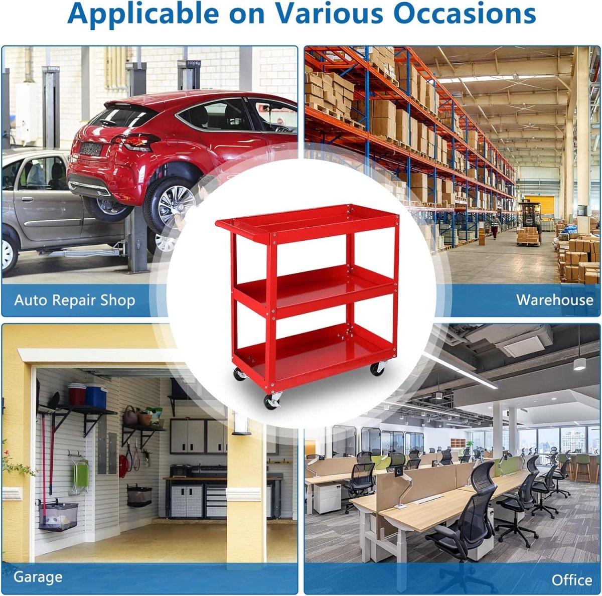 Tool Cart on Wheels, 3 Tier Rolling Mechanic Tool Cart, Heavy Duty Steel Utility Cart w/Lockable Wheels, 450 LBS Capacity Industrial Service Cart for Garage, Warehouse, Workshop (Bright Red) - HomeDIYer