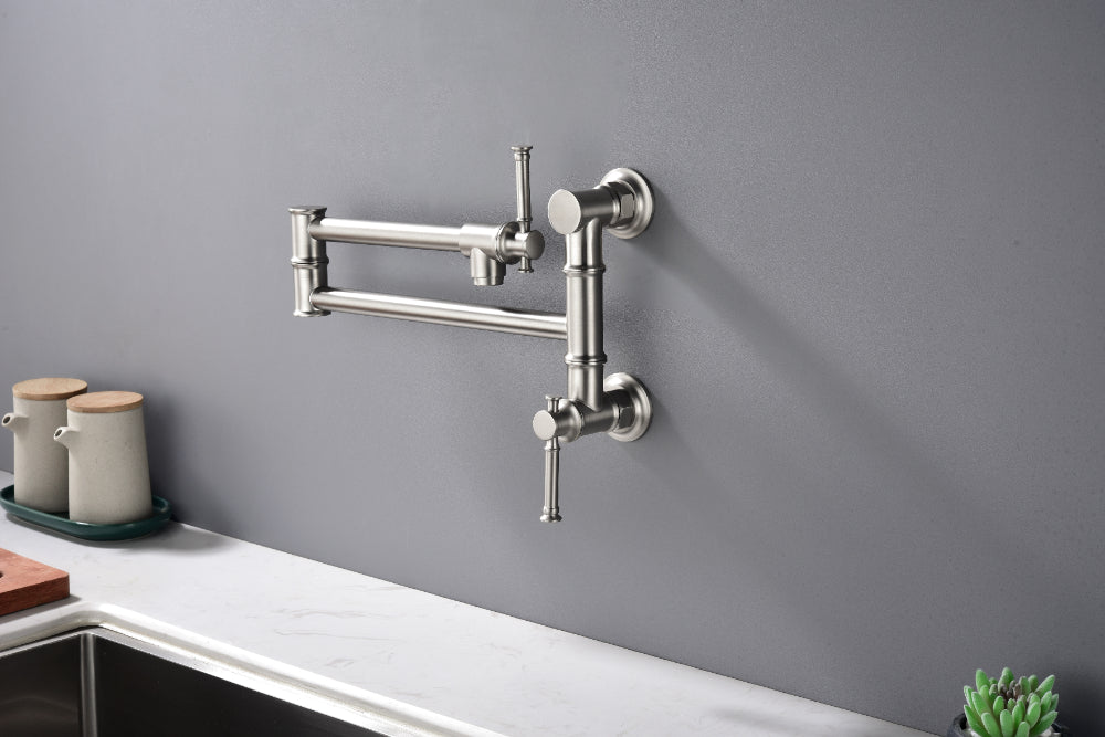 Wall Mounted Pot Filler Faucet – Brushed Nickel, Two-Attachment Folding Swing Arm, Dual Handle, Solid Brass