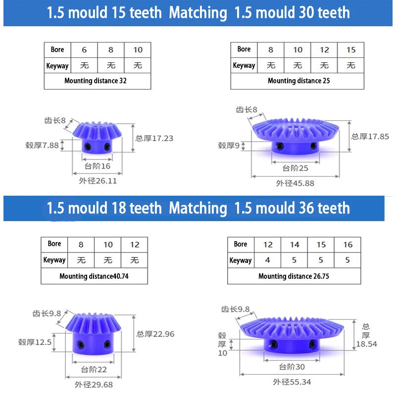 1/1.5/2 Mod Bevel Gear 15T - 40T 90°1:2 Pairing Plastic Nylon Transmission Gear