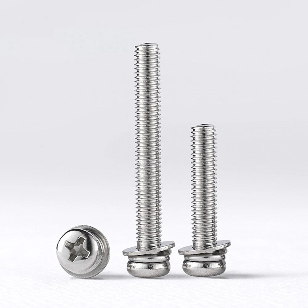M3 M4 M5 Phillips Pan Head Screws with Spring & Flat Washer – 316 Stainless Steel Marine Grade (6–30mm)