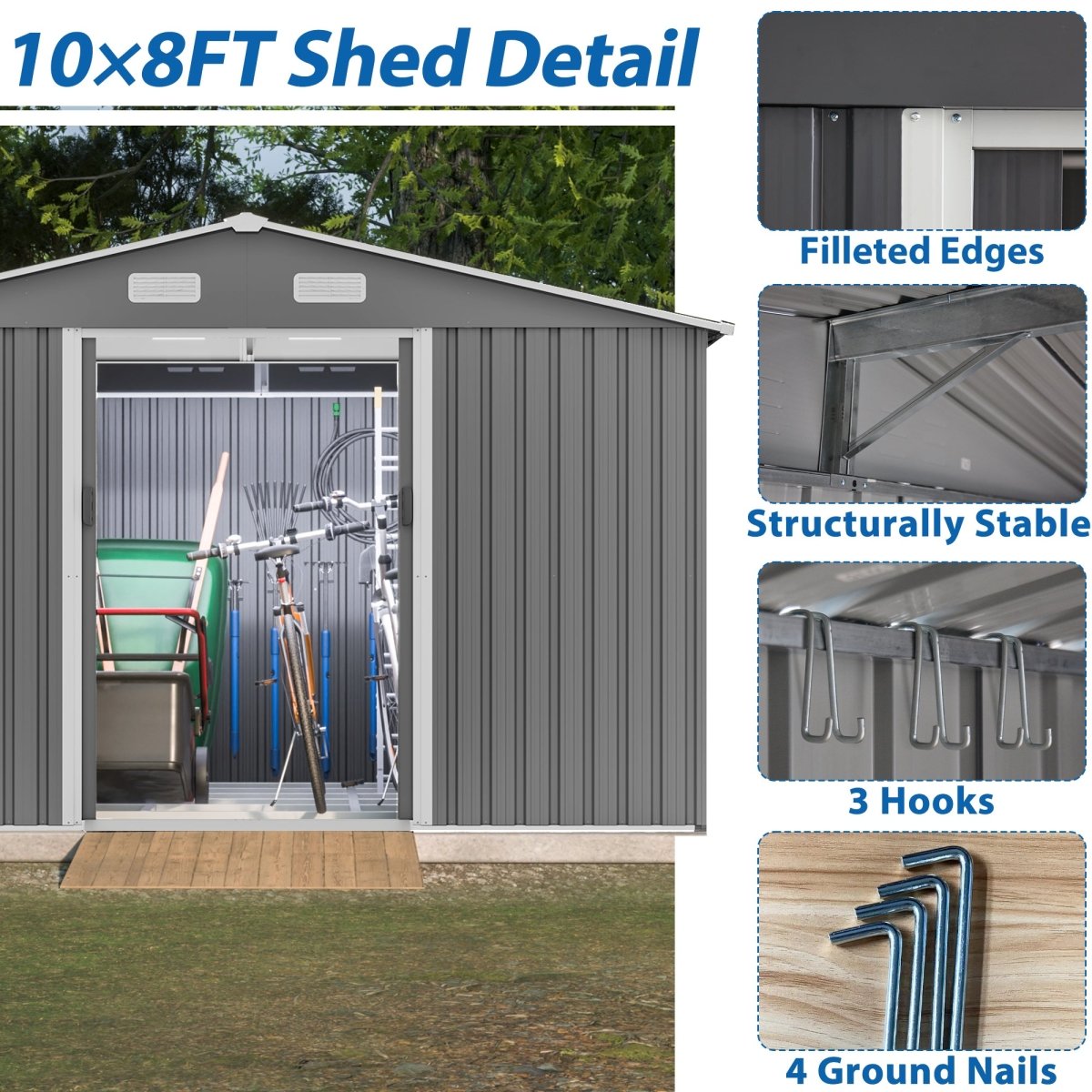 10X8 FT Outdoor Tool Storage Shed with Metal Foundation & Lockable Doors, All Weather Metal Sheds for Garden, Patio, Backyard, Lawn, Gray - HomeDIYer