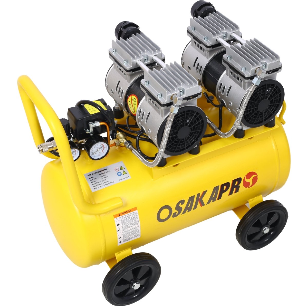 2.5 HP Silent Air Compressor 13 Gallon, Oil - Free, Electric Shop Air Compressor Portable,Lightweight with Wheels, 70 dBA Noise Level, with Automatic Drain Valve,Yellow - HomeDIYer