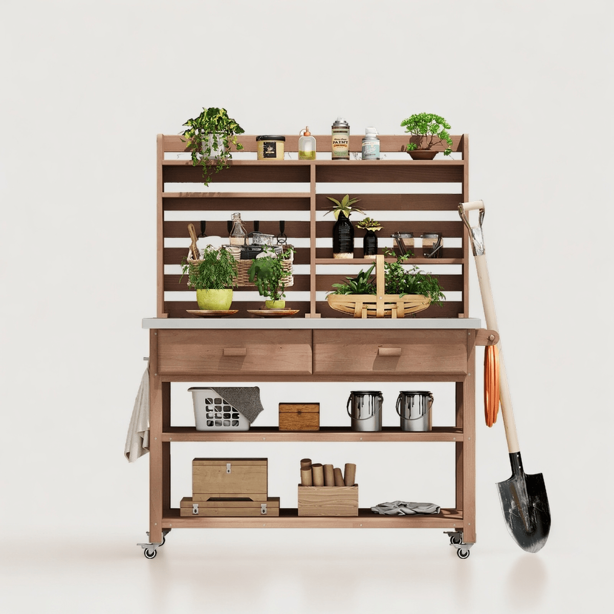 64.9"H Outdoor Potting Bench Table with Lockable Wheels, Solid Wood Outdoor Kitchen Island with Upper Hutch, Stainless Steel Top, Towel Rack ,Outdoor Storage for Grilling, Lawn Garden - Brown - HomeDIYer