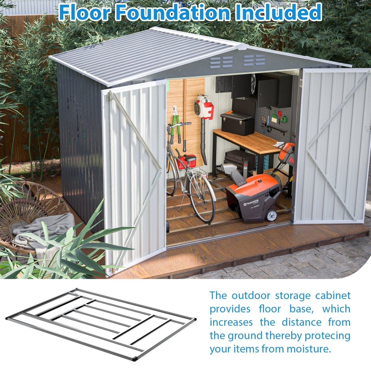8 x 6 FT Outdoor Waterproof Garden Tool Storage Sheds with Metal Foundation with Floor Frame, Tool Shed with Lockable Hinged Doors & Air Vents, Storage House Waterproof for Backyard, Lawn, Gray - HomeDIYer