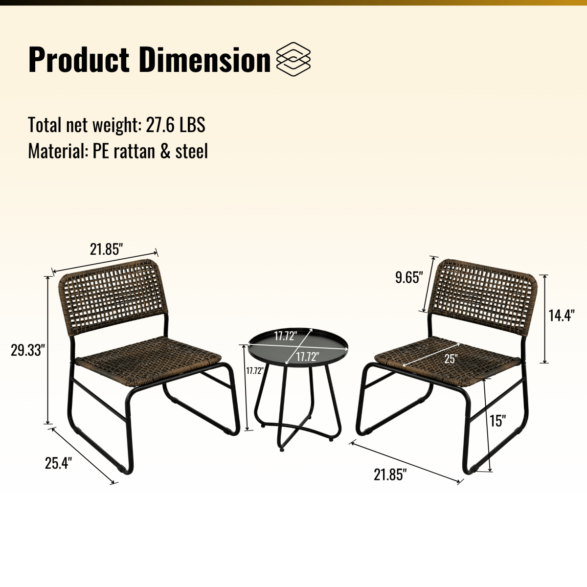 Patio Furniture Set 3 Piece Mixture Pattern PE Rattan Steel Frame And Modern Round Table, Brown and Black - HomeDIYer