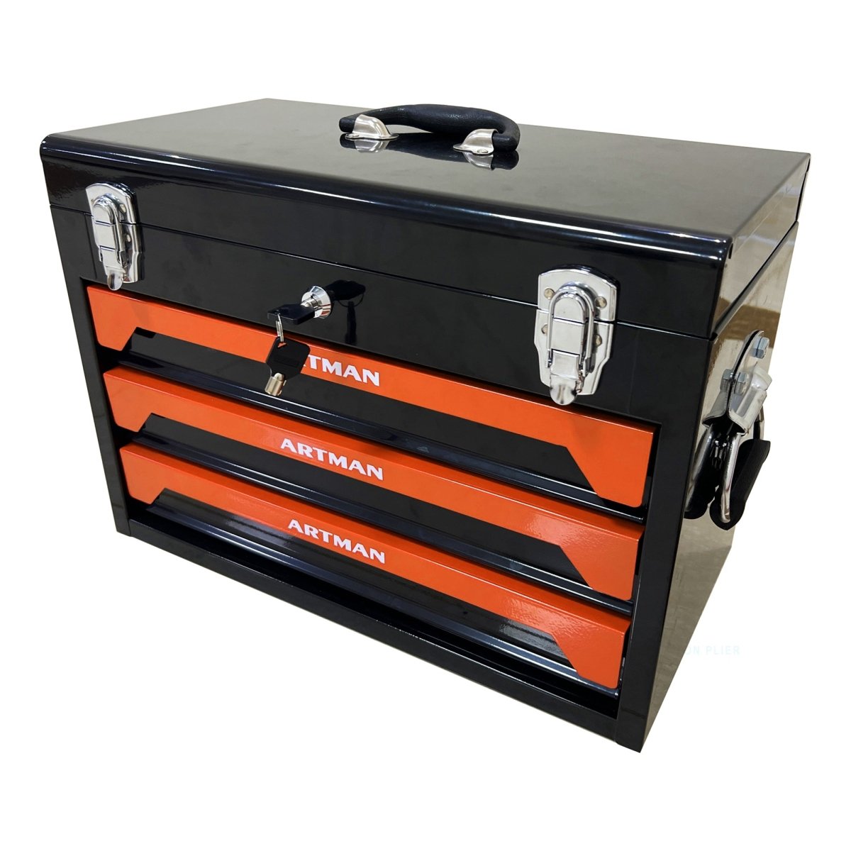 20'' Portable 3 - Drawer Steel Toolbox, 4 Layers of Tools with Metal Latches, with Top Storage Tray and carrying Handle, Multi - Function Tool Storage for Garage, Home, or Workbench ,Black&Orange - HomeDIYer
