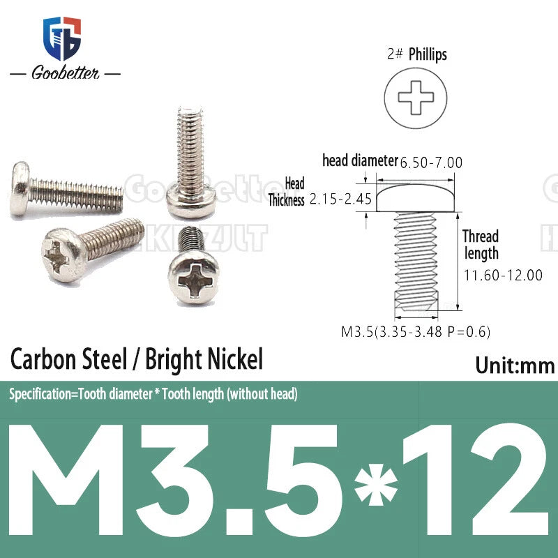Pan Head Round Head Machine Screws Phillips Drive Bolts M3.5 M4 Carbon Steel