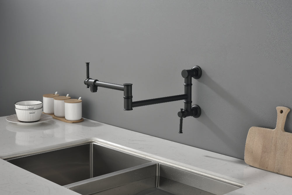 Wall Mounted Pot Filler Faucet – Matte Black, Two-Attachment Folding Swing Arm, Dual Handle, Solid Brass