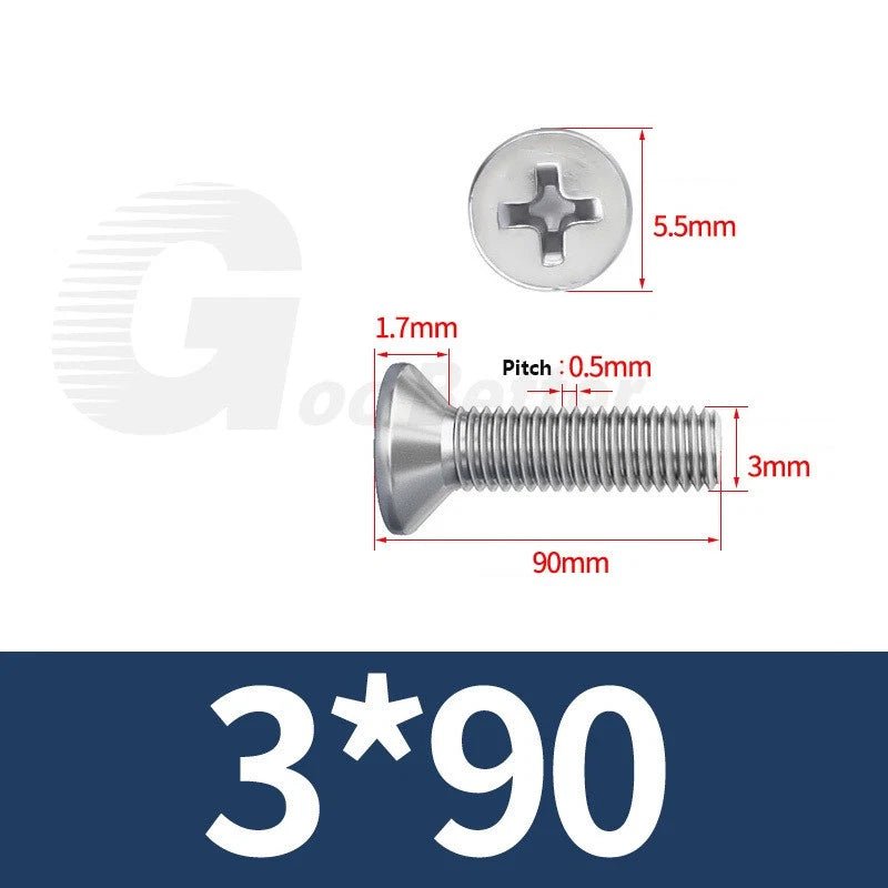 M1–M3.5 Phillips Countersunk Machine Screws – 304 Stainless Steel, Fully Threaded (3–120mm Overall Length) - HomeDIYer