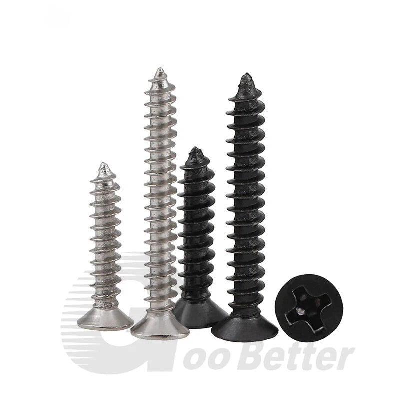 M1 M1.2 M1.4 M1.7 M2 M2.3 M2.6 M3 Flat Head Self‑Tapping Screws – Black Zinc or Nickel Plated