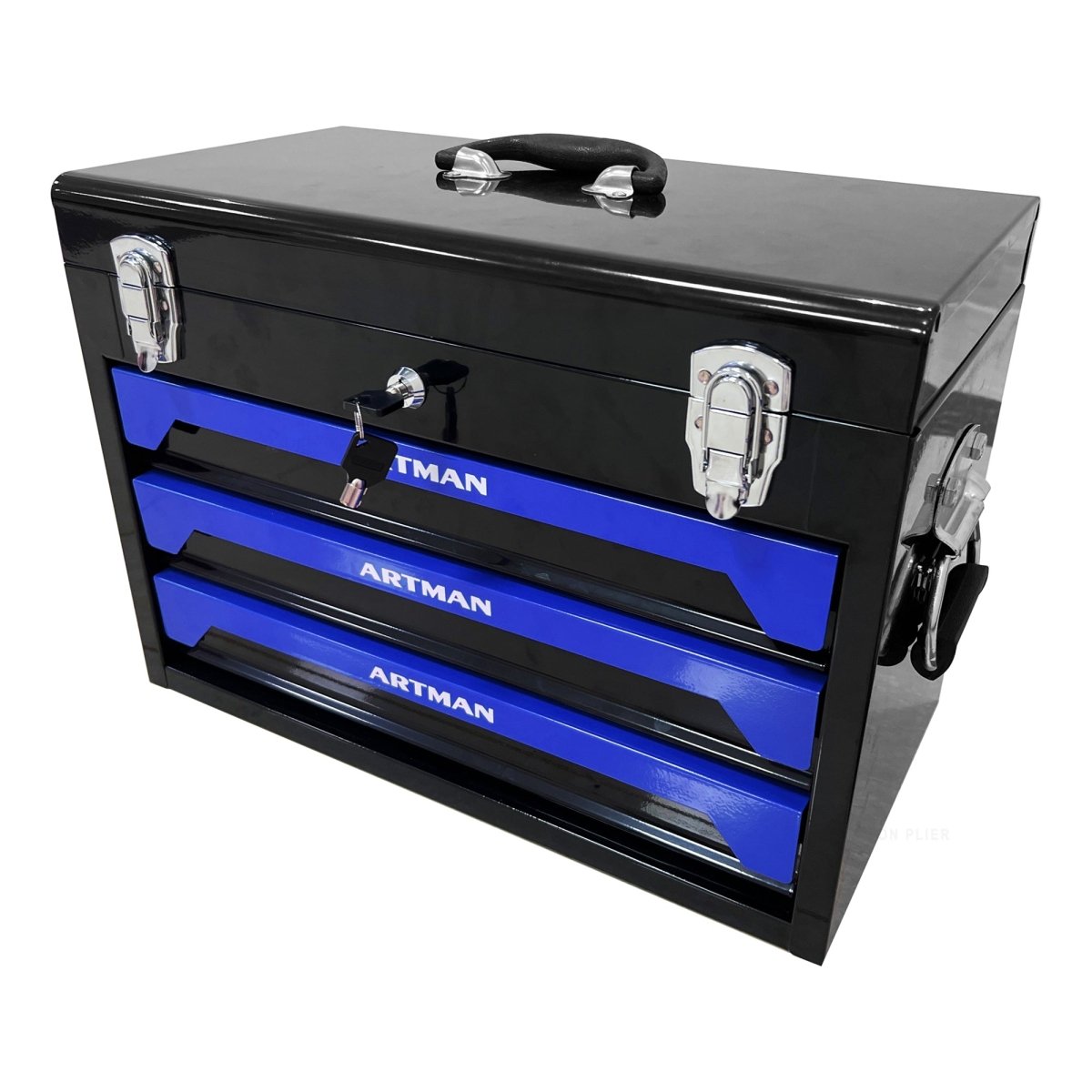 20'' Portable 3 - Drawer Steel Toolbox, 4 Layers of Tools with Metal Latches, with Top Storage Tray and carrying Handle, Multi - Function Tool Storage for Garage, Home, or Workbench ,Black&Blue - HomeDIYer