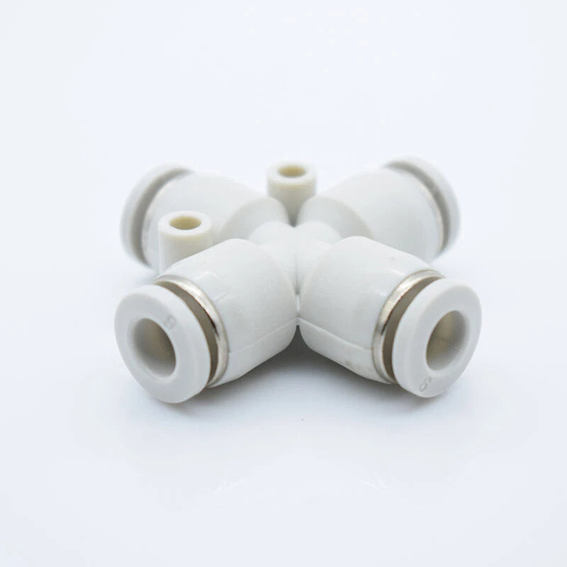 White Nylon Pneumatic Push-Fit Hose Connectors — X Shape, Y Shape, 5-Way & T Reducing