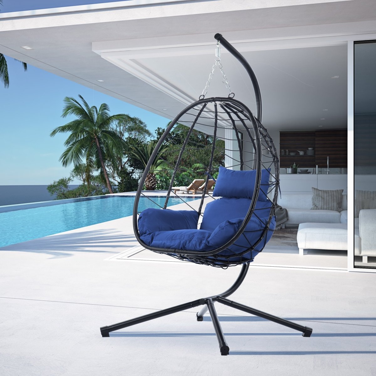 Egg Chair with Stand Indoor Outdoor Swing Chair Patio Wicker Hanging Egg Chair Hanging Basket Chair Hammock Chair with Stand for Bedroom Living Room Balcony Navy Blue - HomeDIYer