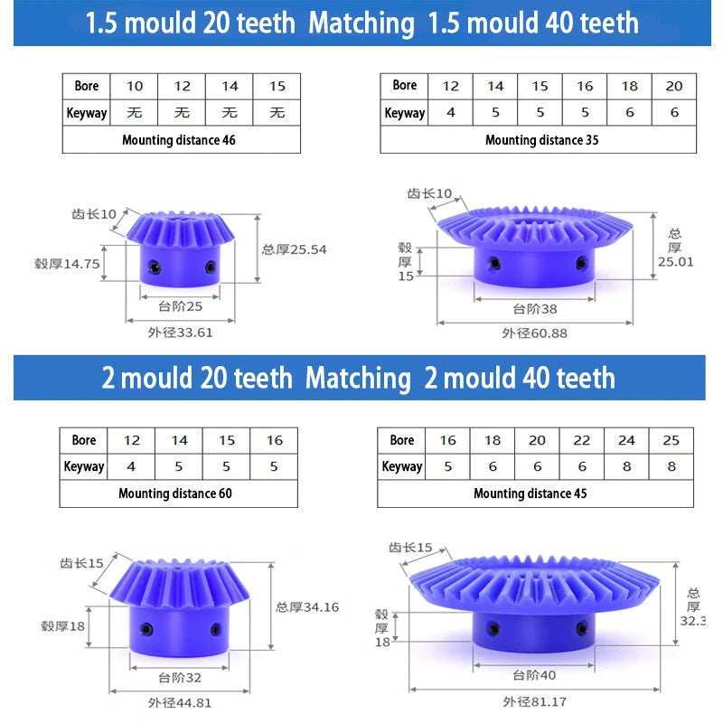 1/1.5/2 Mod Bevel Gear 15T - 40T 90°1:2 Pairing Plastic Nylon Transmission Gear