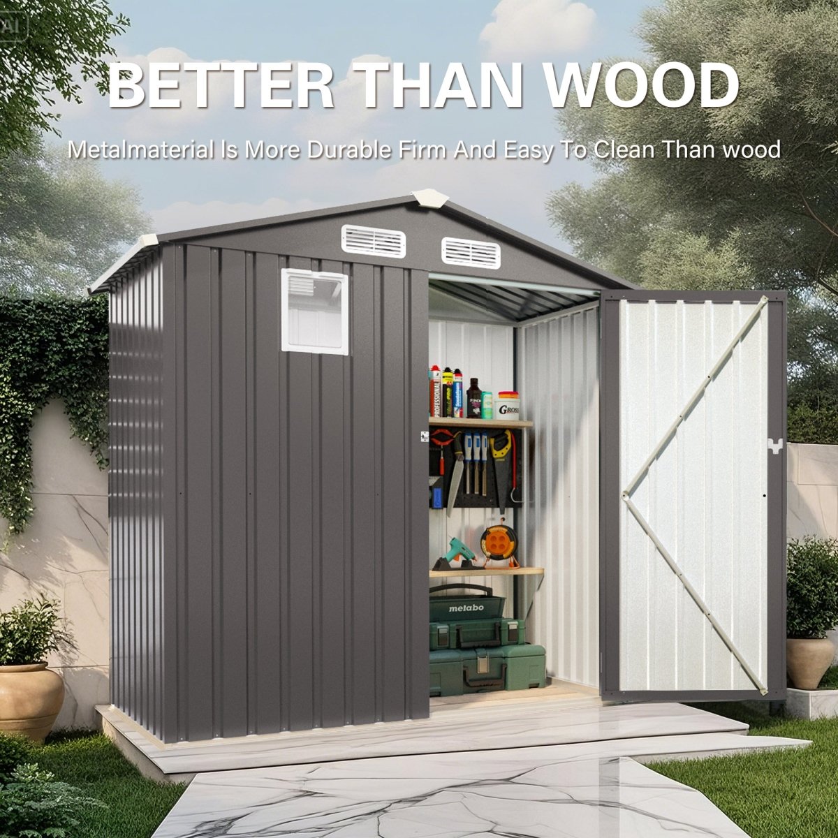 6X4 FT Metal Outdoor Storage Shed, Tool Shed with Pitched Roof Watertight with Positive Window and Lockable Door Compact Metal Tool Shed for Garden, Backyard, Patio, Sundries and Bike Storage, Gray - HomeDIYer