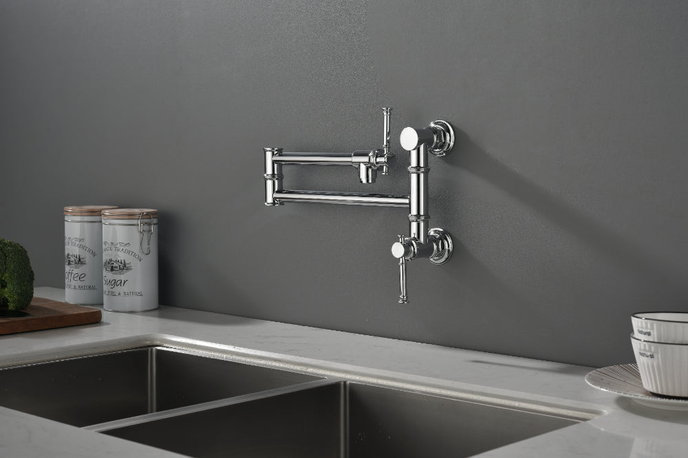 Wall Mounted Pot Filler Faucet – Chrome, Two-Attachment Folding Swing Arm, Dual Handle, Solid Brass