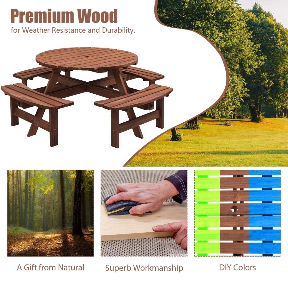 8 Person Wooden Picnic Table, Outdoor Camping Dining Table with Seat, Garden, DIY w/ 4 Built - in Benches, 2220lb Capacity - HomeDIYer