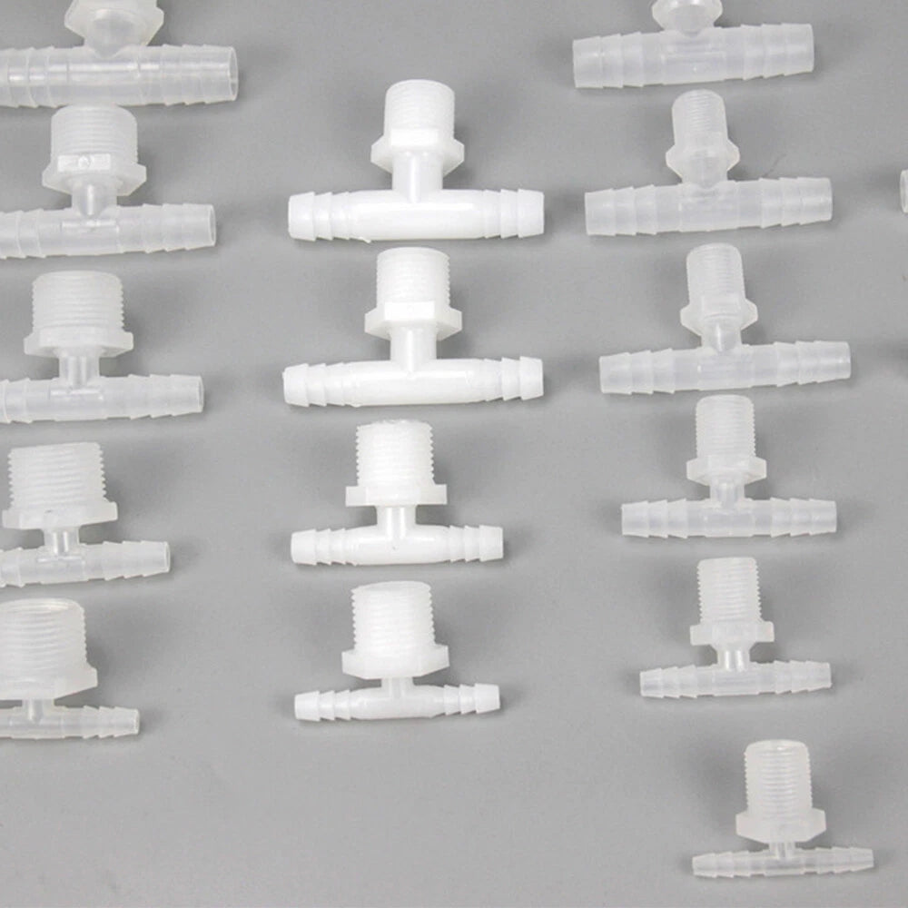 Plastic Barbed T-Piece Hose Connector with Male Thread — 4mm to 20mm Tube