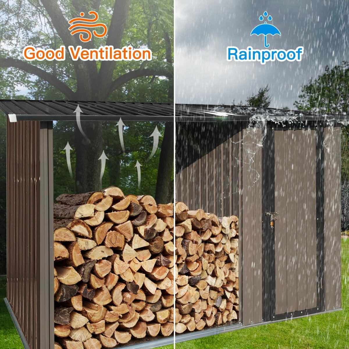 Outdoor Metal Firewood Rack and Storage Shed, Brown and Black,Two - in - one function - HomeDIYer