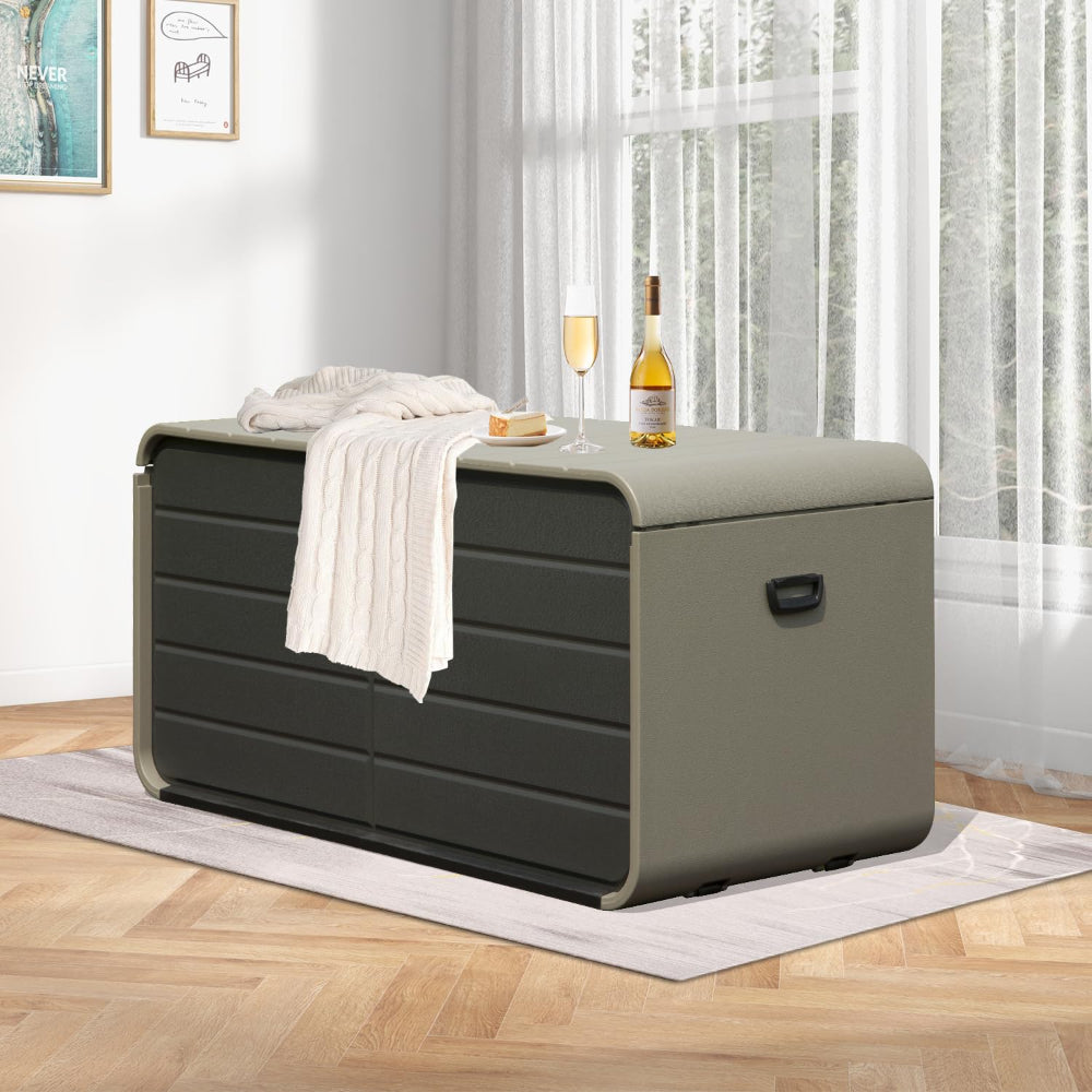 200 Gallon Plastic Deck Box – Waterproof Outdoor Storage Bench with Wheels & Hydraulic Lid, Gray