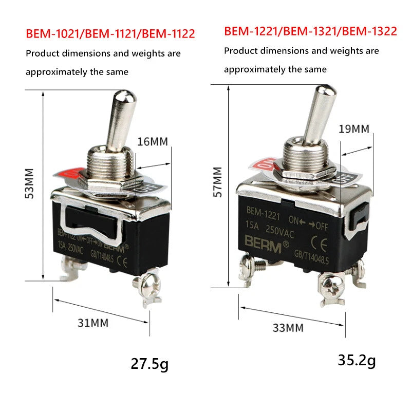 Waterproof Toggle Switch BERM Series — 15A 250V, 2/3 Position, 2–6 Pin, Latching & Momentary, Car Boat Panel