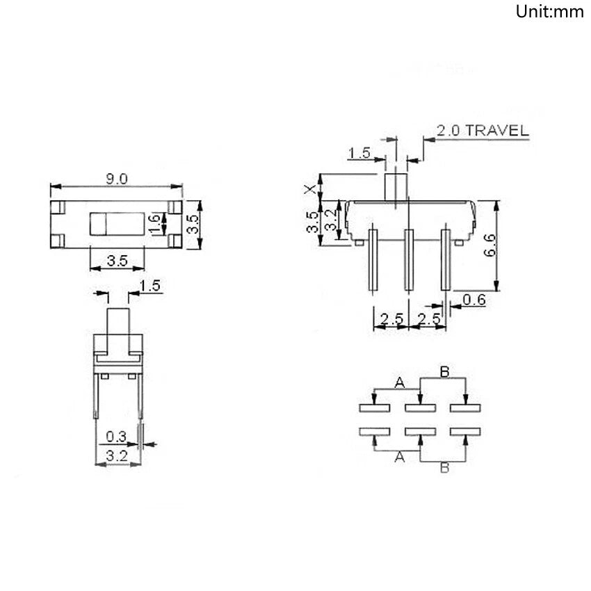 MSS-22D18G2 6-Pin 2P2T Double Row Slide Switch — 2mm Handle, 2-Way Toggle