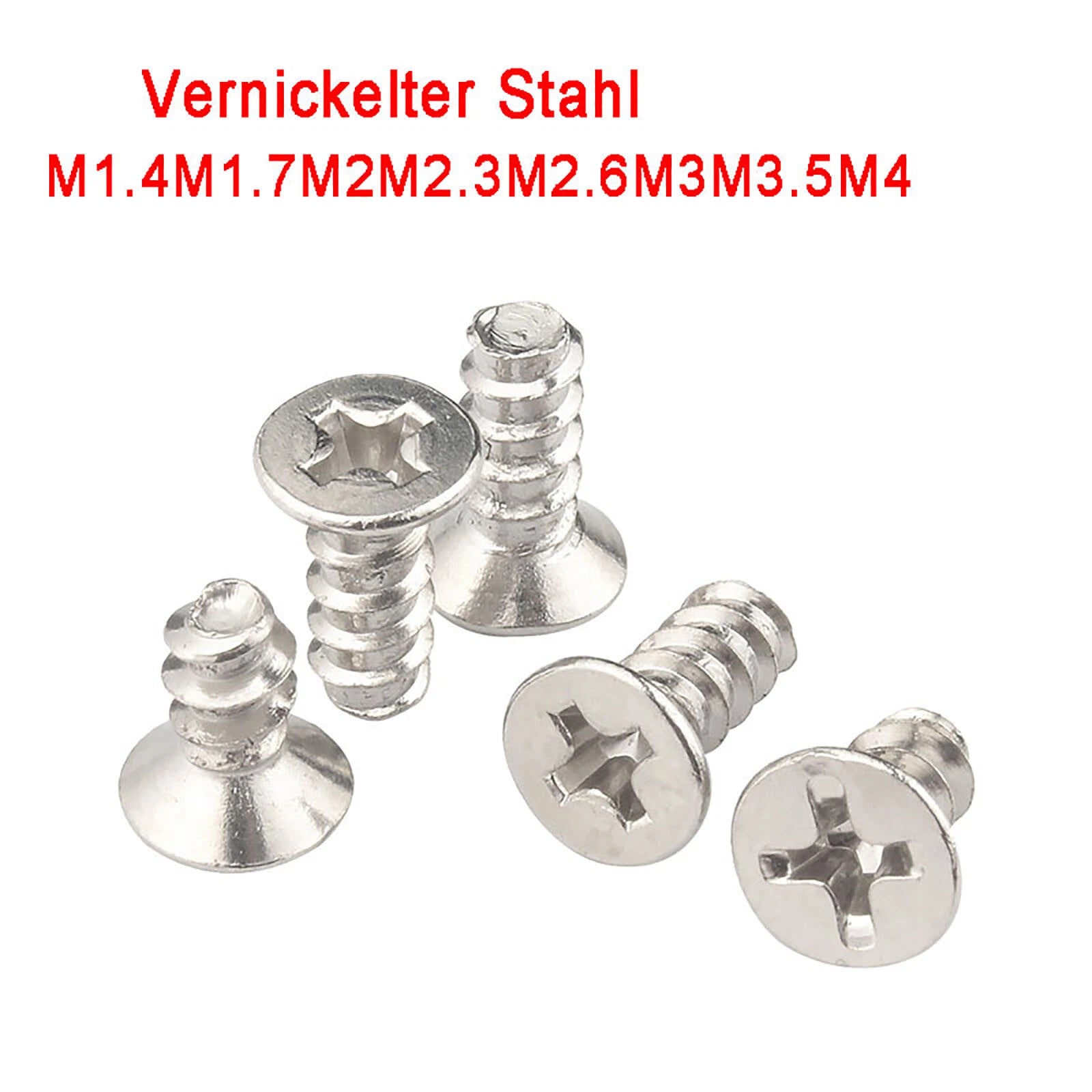 M1 M1.2 M1.4 M1.7 M2 M2.3 M2.6 M3 M3.5 M4 Flat Head Self Tapping Screws Flat Tail – Nickel Plated Steel