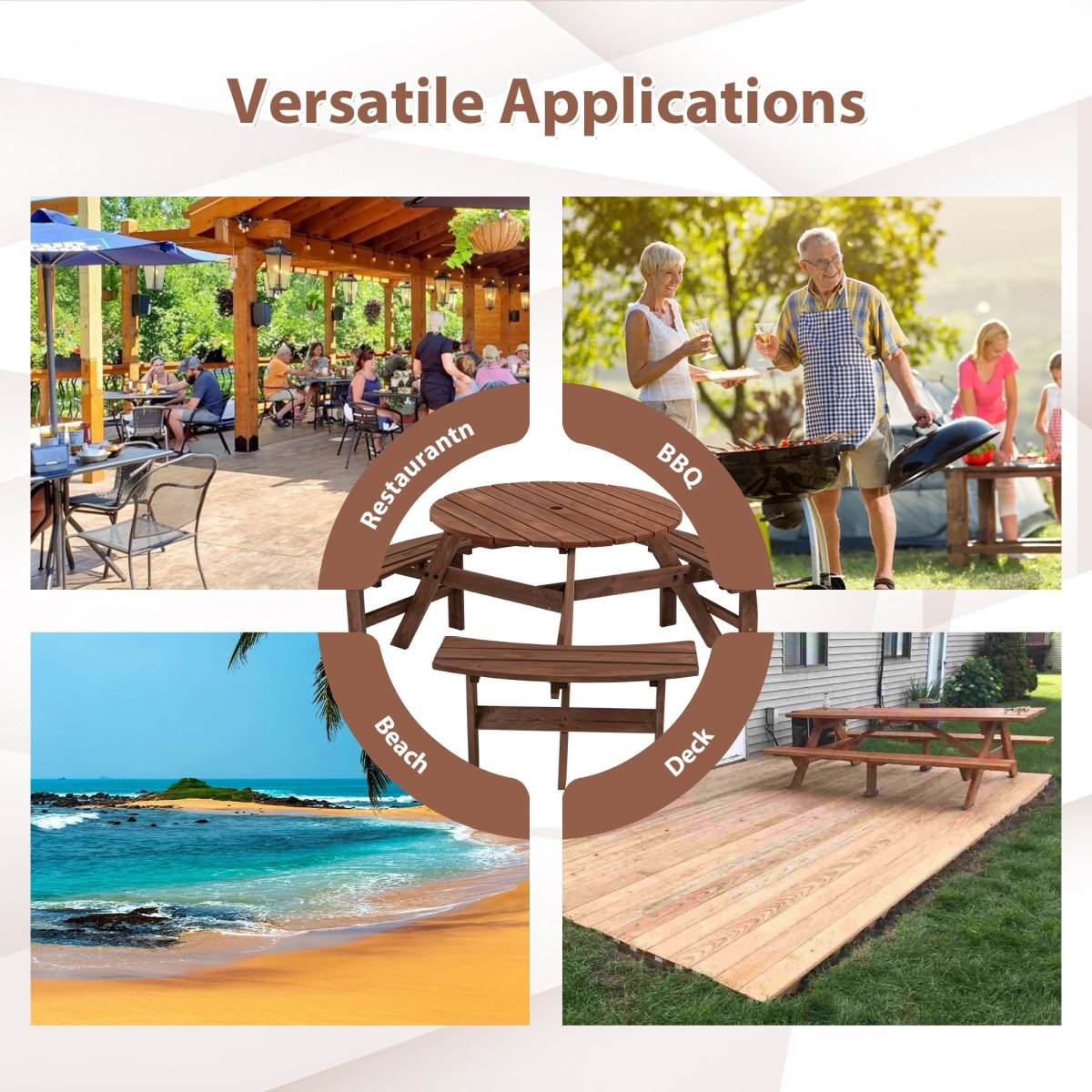 6 - Person Circular Outdoor Wooden Picnic Table for Patio, Backyard, Garden, DIY w/ 3 Built - in Benches, 1720lb Capacity - Brown - HomeDIYer