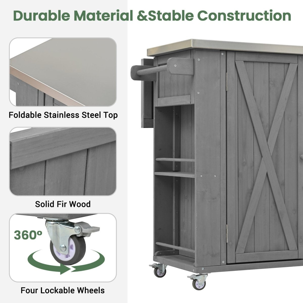 Grey Outdoor Kitchen Island with Stainless Steel Top | Foldable Fir Wood Prep Station - HomeDIYer