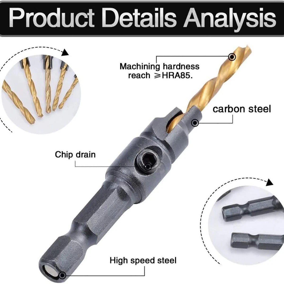 5Pcs HSS Countersink Drill Bit Set – 1/4" Hex Shank, Self - Centering Pilot Holes for Wood & Plastic (5 6 8 10 12 14) - HomeDIYer