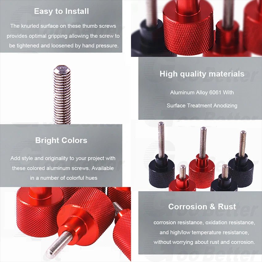1/4 - 20 Knurled Thumb Screws — Aluminum & Stainless Steel | Black & Red | 6–60mm - HomeDIYer