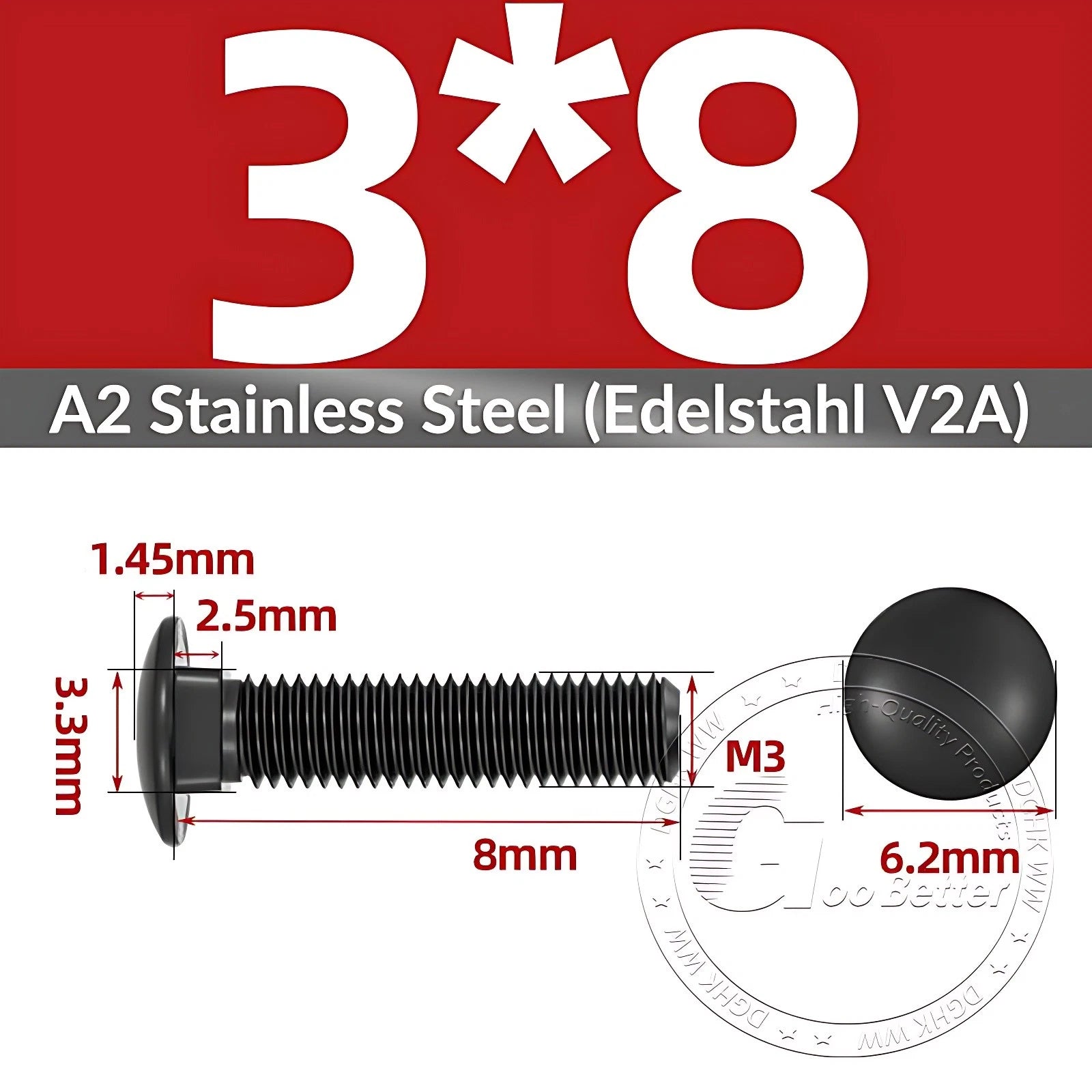 Black Stainless Steel Carriage Bolts M3–M12 | A2 Cup Square Dome Screws