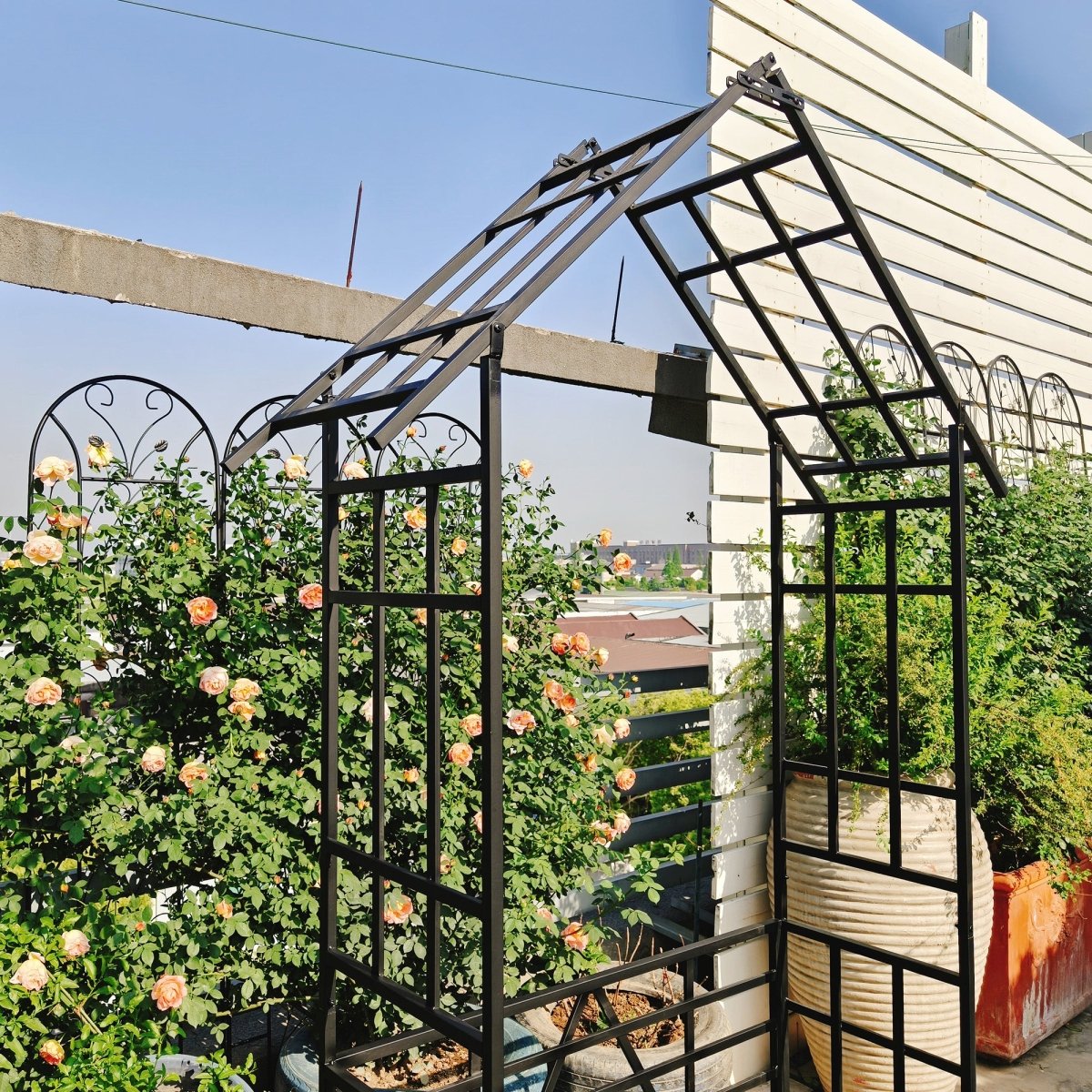 Metal Garden Arch with Bench Turned into Flower Stand W58.07*H97.24 Climbing Plants Support Rose Arch Outdoor Black - HomeDIYer