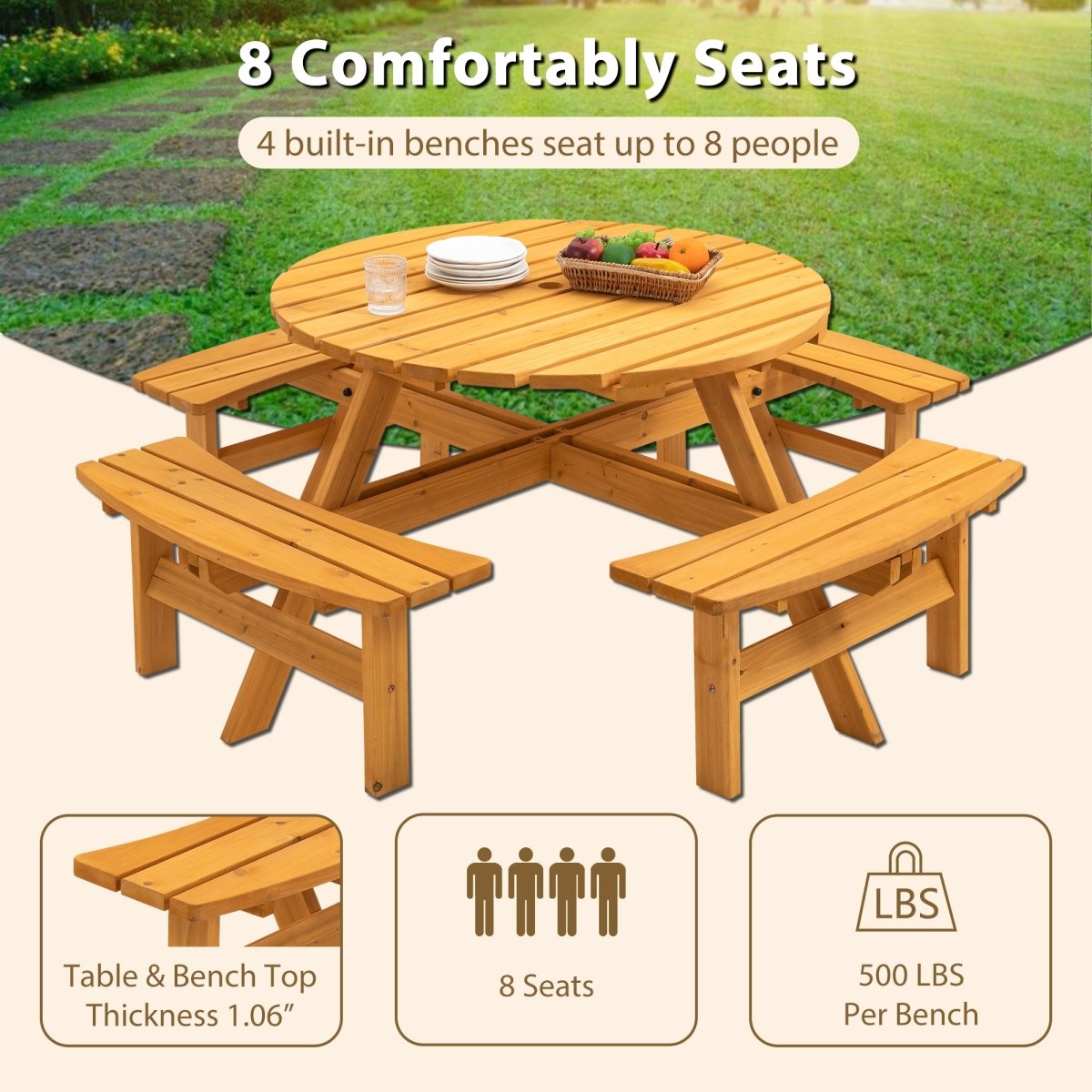 8 Person Wooden Picnic Table, Outdoor Camping Dining Table with Seat, Garden, DIY w/ 4 Built - in Benches, 2220lb Capacity - Natural - HomeDIYer