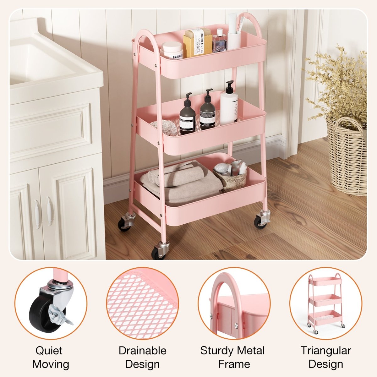Pink 3 Tier Small Rolling Cart, Metal Utility Storage Organizer Kitchen Trolley Bathroom Laundry Room Bar Office Shelves - HomeDIYer
