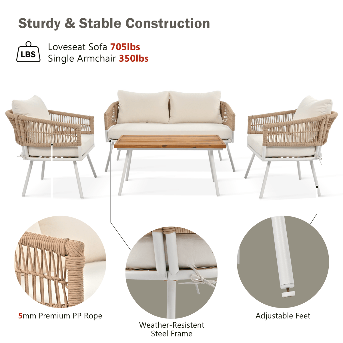 4 - Piece Boho Rope Patio Furniture Set, Outdoor Furniture with Acacia Wood Table, Patio Conversation Set with Deep Seating & Thick Cushion for Backyard Porch Balcony, Beige - HomeDIYer
