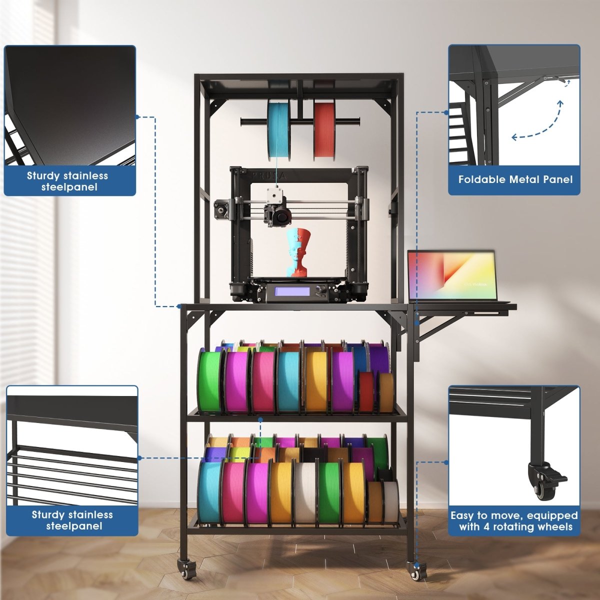 3D Printer Stand, Heavy Duty 3D Printer Table Stand with Filament Storage Rack, T - Shaped Spools Holder Rack with Wheels,3D Printer Workbench for 3D Printing Studio, Home Office Workshop - HomeDIYer