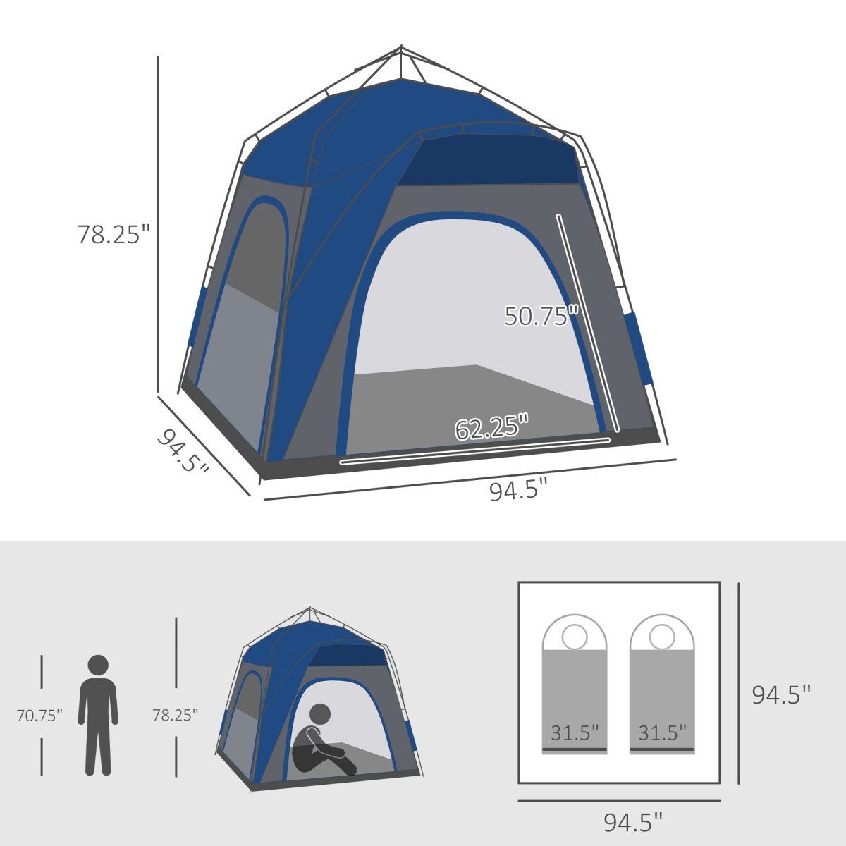 Camping Tents 4 Person Pop Up Tent Quick Setup Automatic Hydraulic Family Travel Tent w/ Windows, Doors Carry Bag Included, Blue - HomeDIYer