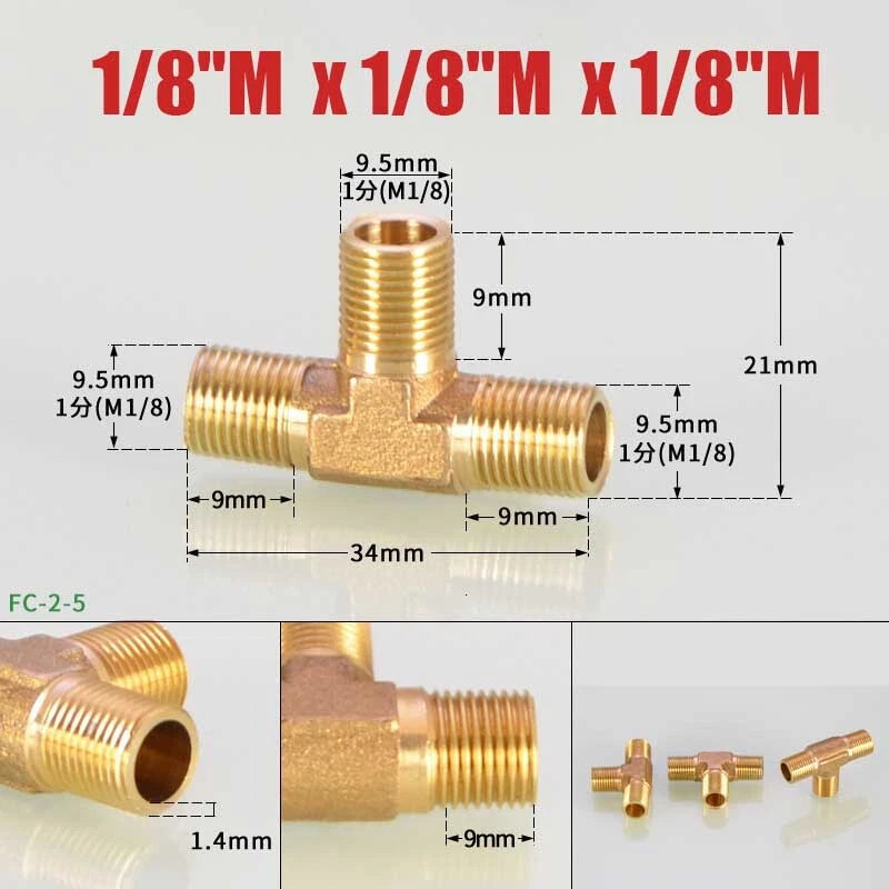 Brass BSP Tee Fitting 1/8" 1/4" 3/8" — Male Female Thread Pipe Connector
