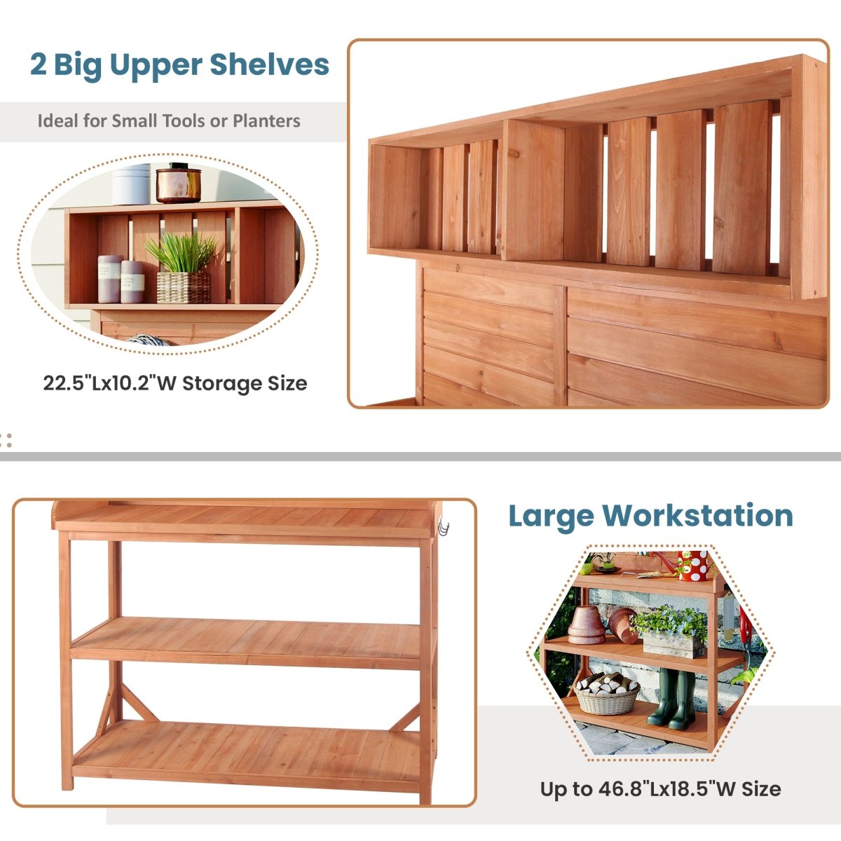 65" Large Wooden Farmhouse Rustic Outdoor Potting Bench Table, Patio Workstation, Garden Potting Bench with 4 Storage Shelves and Side Hook,Natural - HomeDIYer