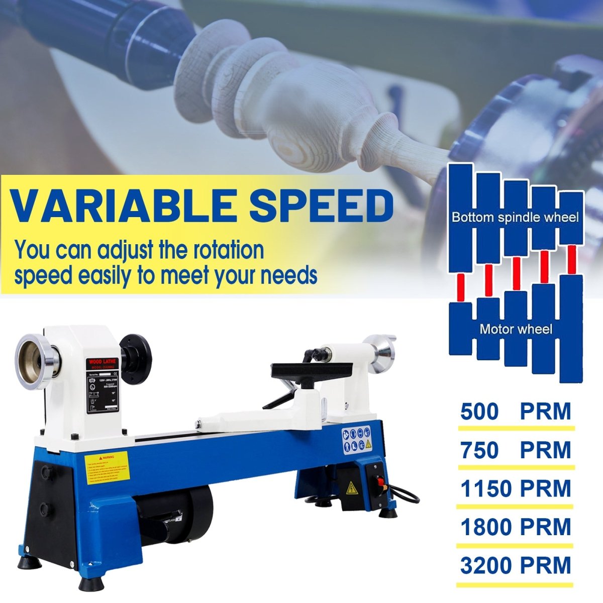 Benchtop Wood Lathe 10" x 18" Wood Lathe Machine 5 Variable Speeds 500/750/1150/1800/3200RPM Mini Wood Turning Lathe for Woodworking 1/2HP Multifunctional Power Wood Lathe - HomeDIYer